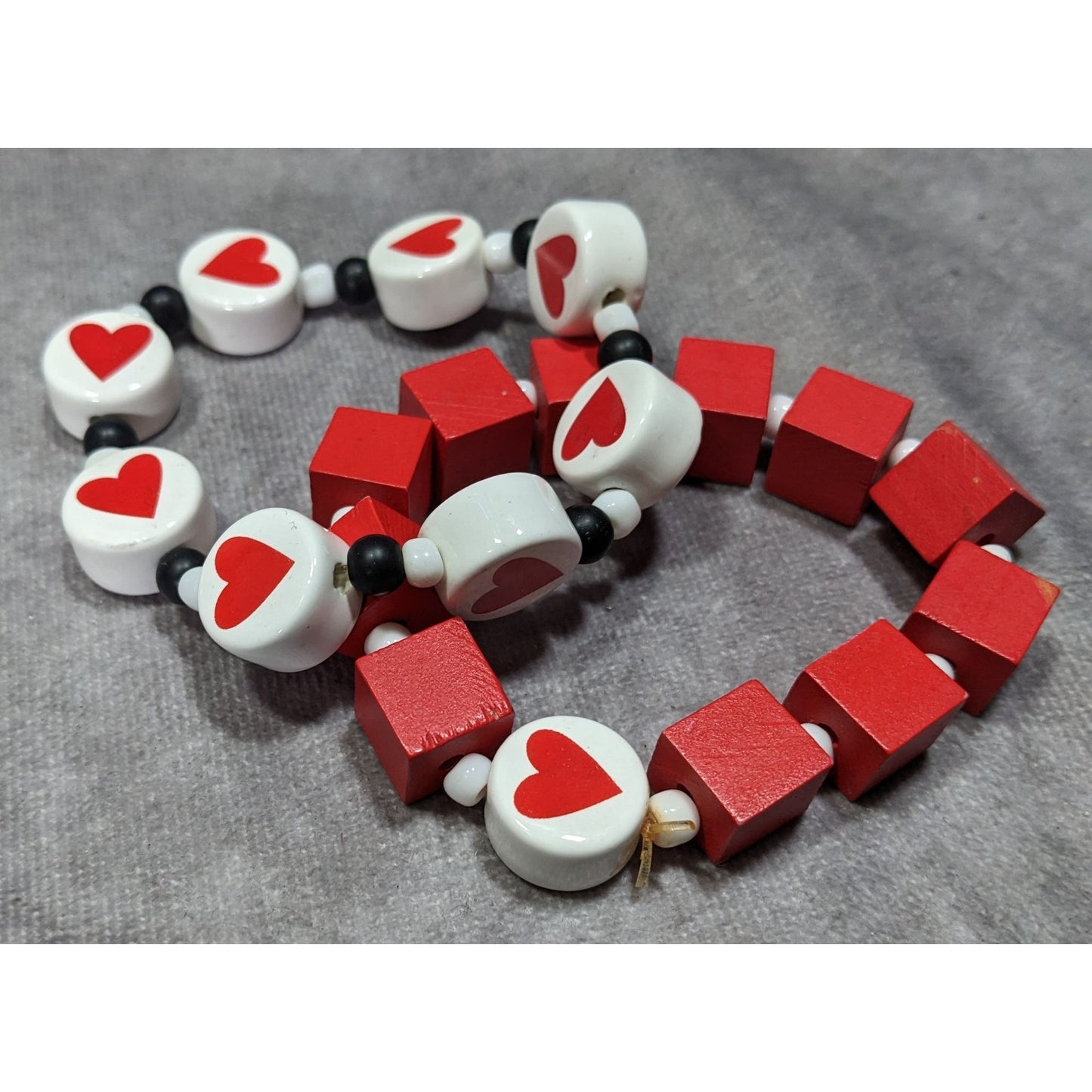 Square And Heart Red And White Beaded Stretch Bracelet Set