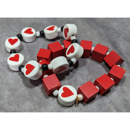 Square And Heart Red And White Beaded Stretch Bracelet Set
