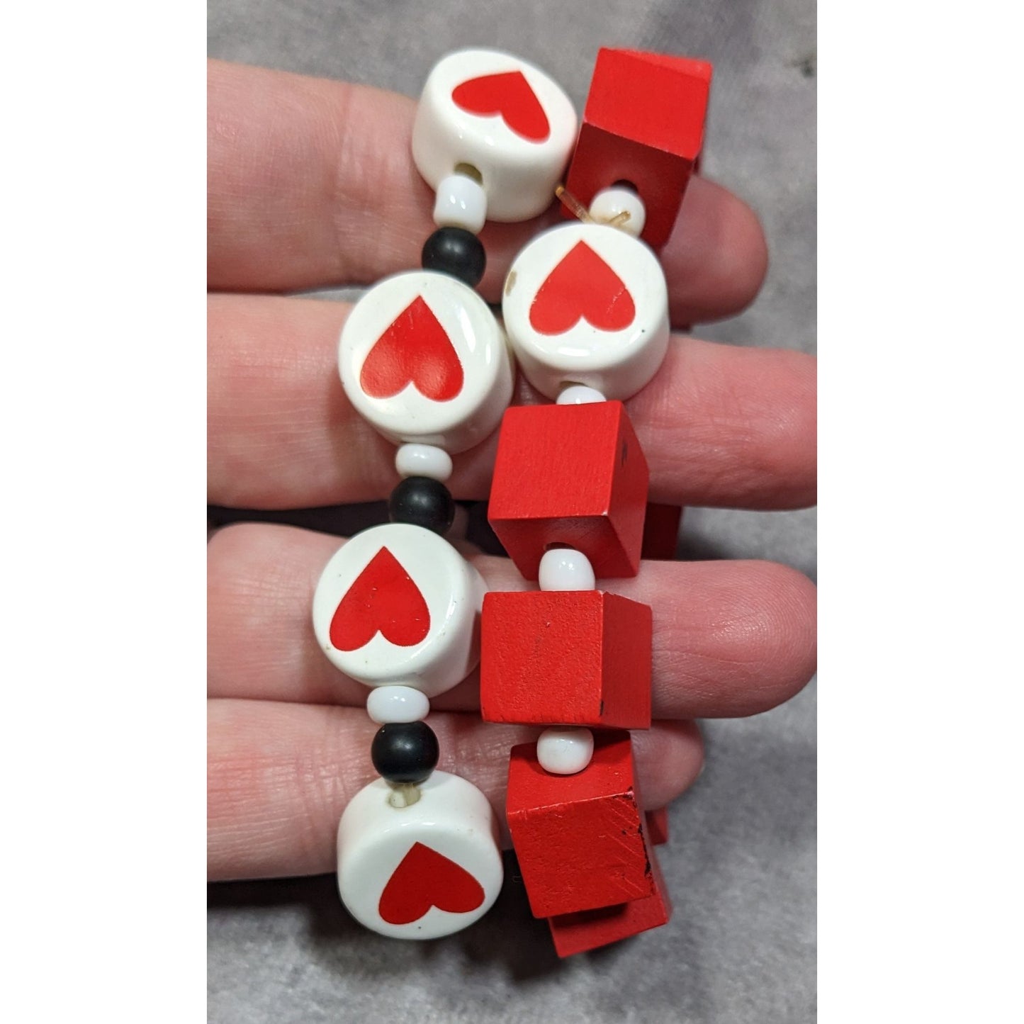 Square And Heart Red And White Beaded Stretch Bracelet Set