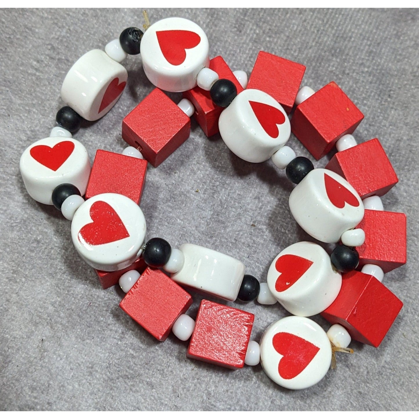 Square And Heart Red And White Beaded Stretch Bracelet Set