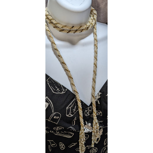 Elegant Vintage Gold Tone & Cream Faux Pearl Wrap Necklace With Multi-Strand Tassels