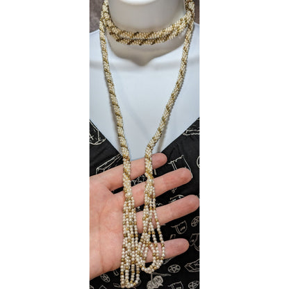 Elegant Vintage Gold Tone & Cream Faux Pearl Wrap Necklace With Multi-Strand Tassels