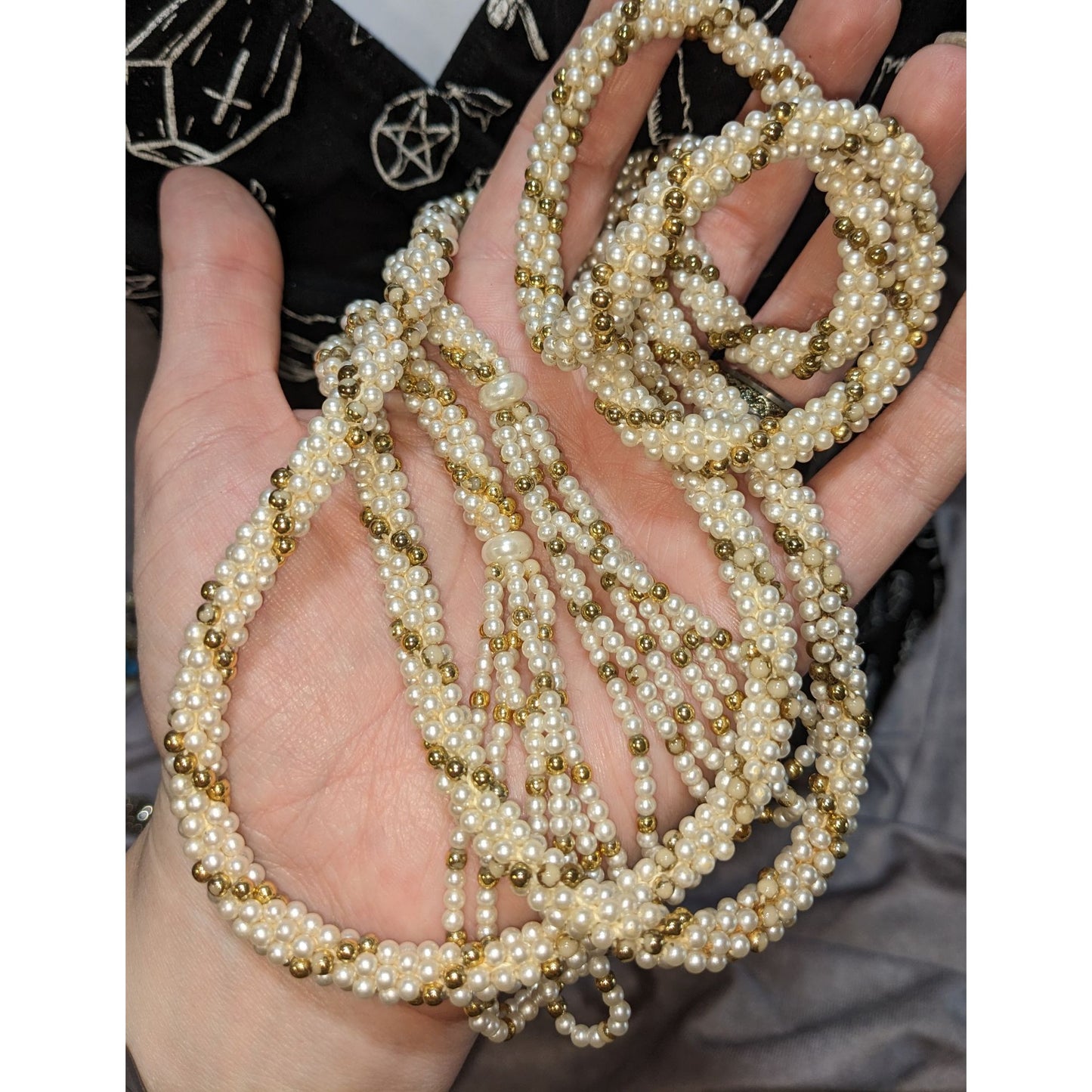 Elegant Vintage Gold Tone & Cream Faux Pearl Wrap Necklace With Multi-Strand Tassels
