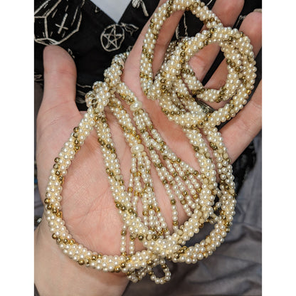 Elegant Vintage Gold Tone & Cream Faux Pearl Wrap Necklace With Multi-Strand Tassels