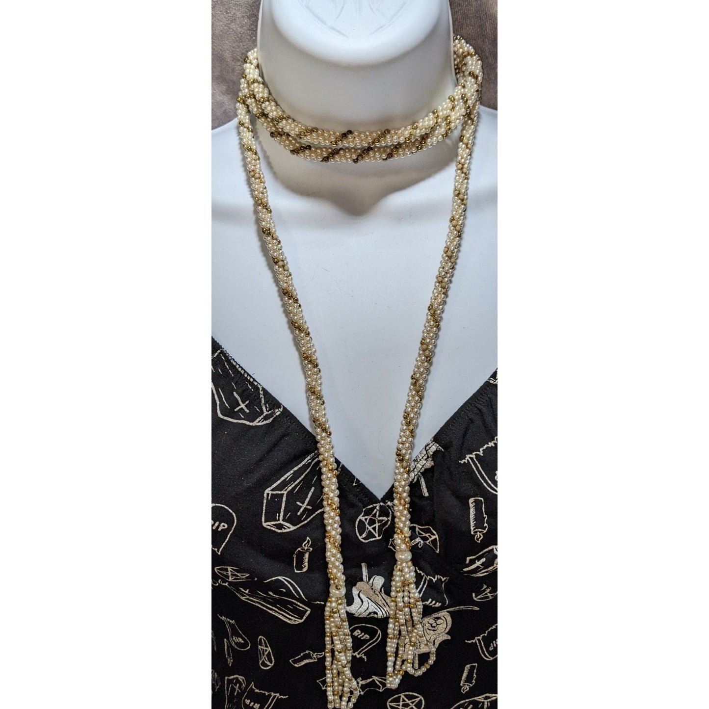 Elegant Vintage Gold Tone & Cream Faux Pearl Wrap Necklace With Multi-Strand Tassels