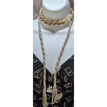 Elegant Vintage Gold Tone & Cream Faux Pearl Wrap Necklace With Multi-Strand Tassels