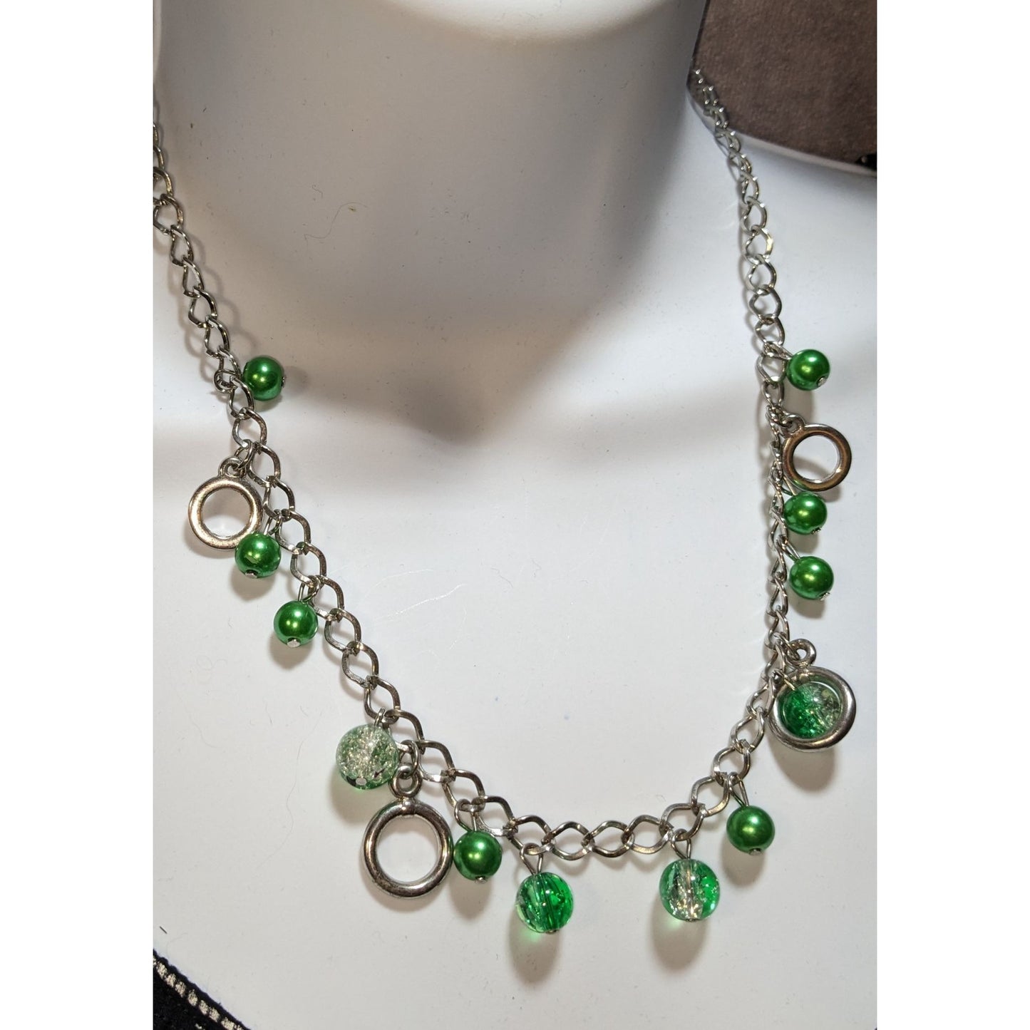 Green And Silver Tone Beaded Charm Necklace