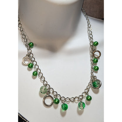 Green And Silver Tone Beaded Charm Necklace