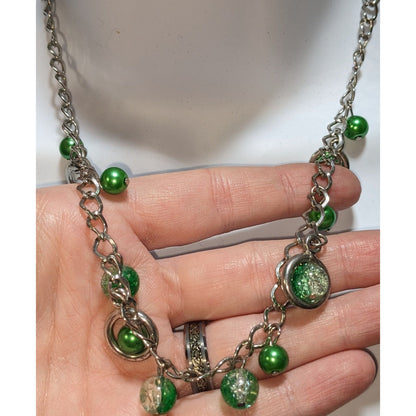 Green And Silver Tone Beaded Charm Necklace