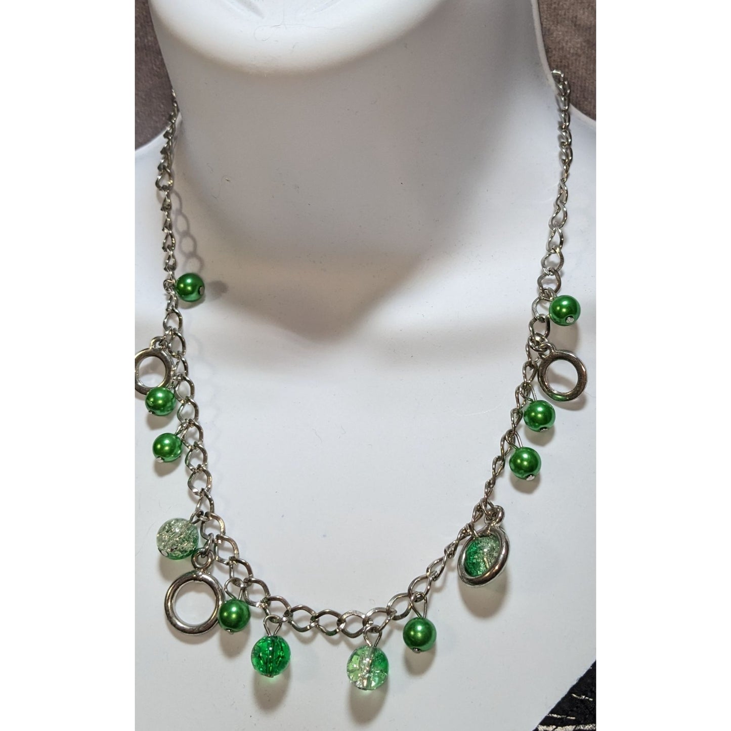 Green And Silver Tone Beaded Charm Necklace