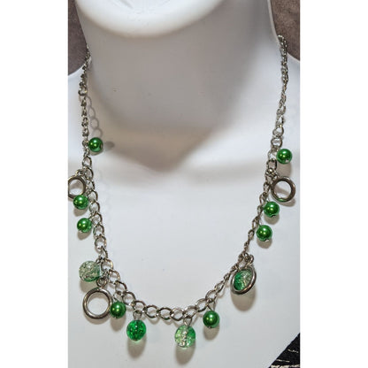 Green And Silver Tone Beaded Charm Necklace