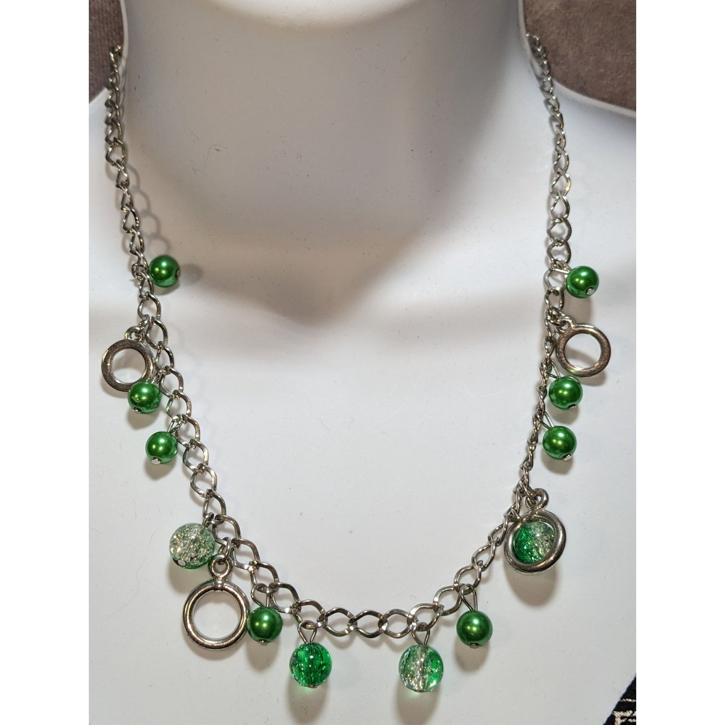 Green And Silver Tone Beaded Charm Necklace