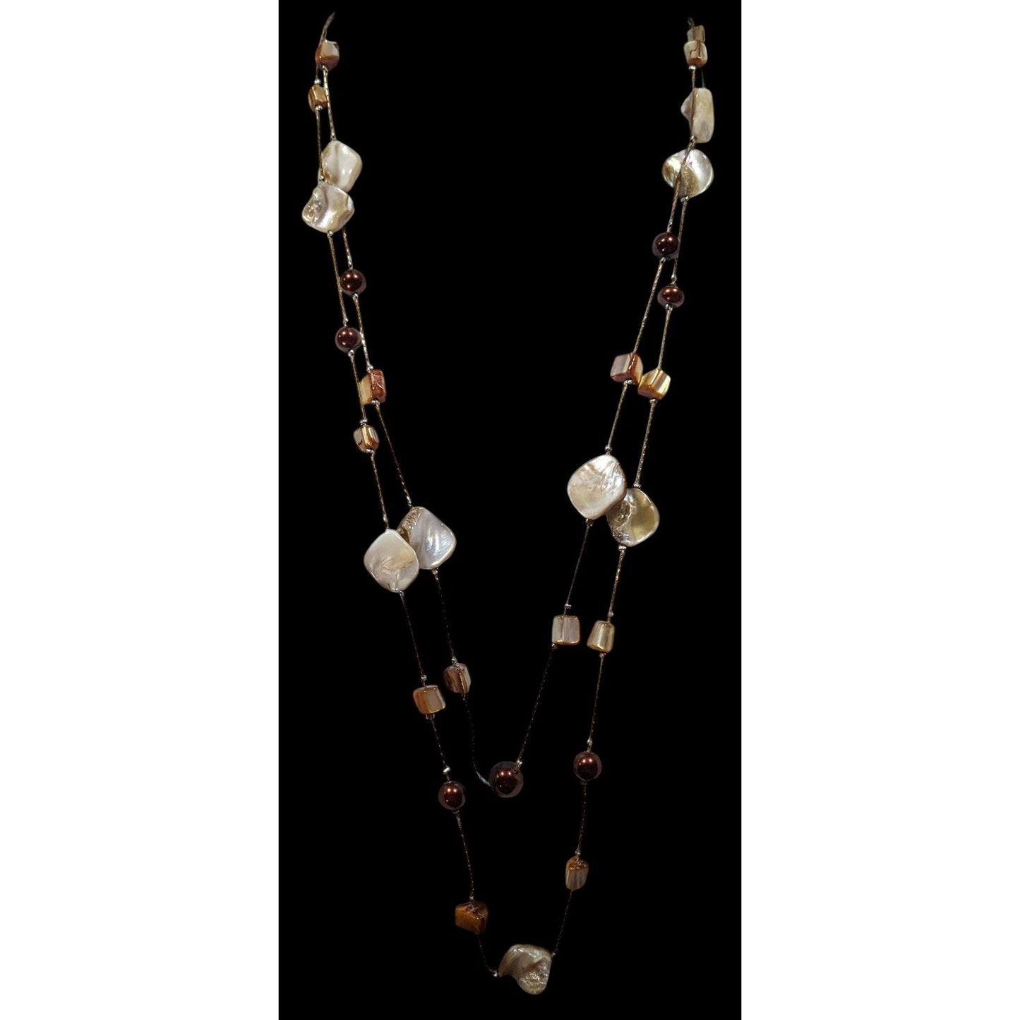 Bohemian Layered Shell And Brown Faux Pearl Station Necklace
