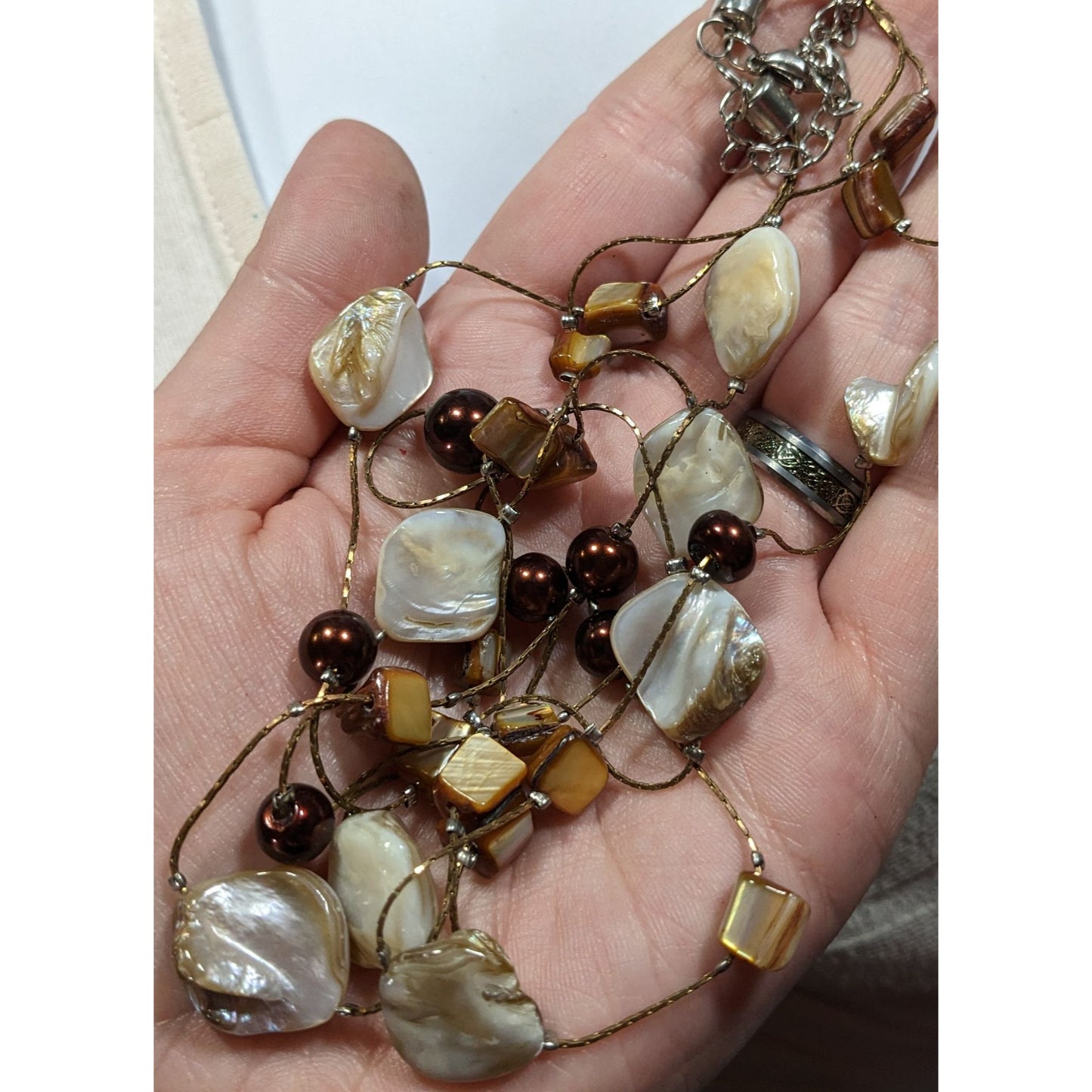 Bohemian Layered Shell And Brown Faux Pearl Station Necklace