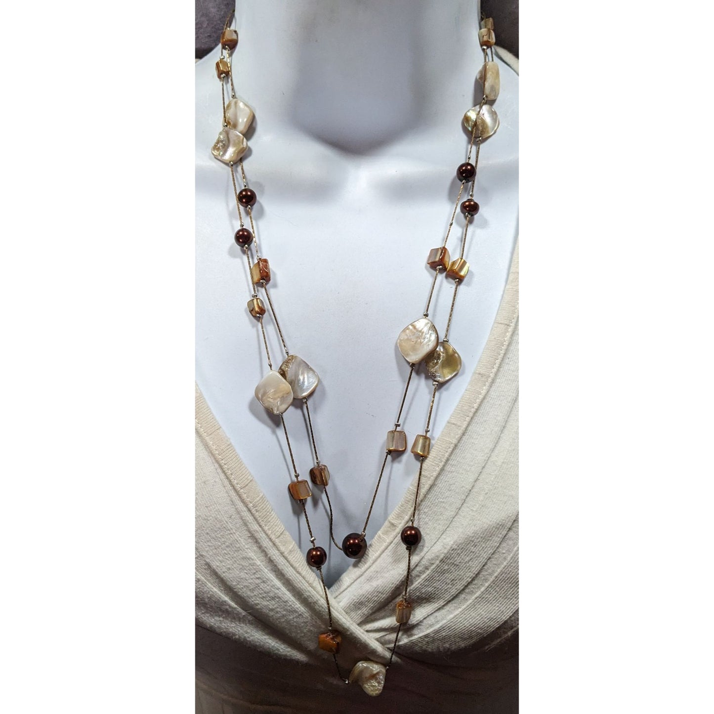 Bohemian Layered Shell And Brown Faux Pearl Station Necklace