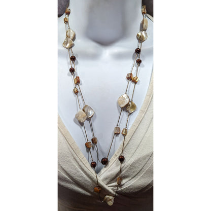 Bohemian Layered Shell And Brown Faux Pearl Station Necklace