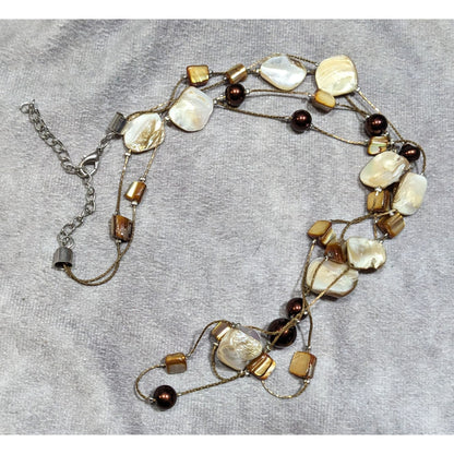 Bohemian Layered Shell And Brown Faux Pearl Station Necklace