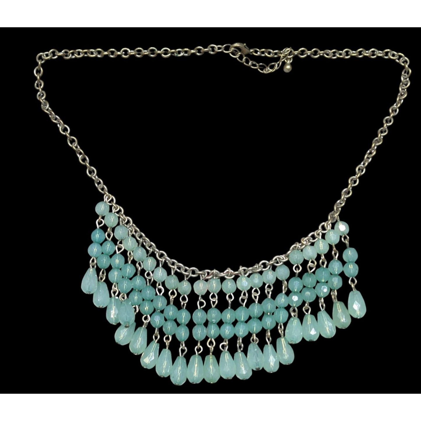 Bohemian Fringe Aqua Beaded Bib Necklace With Antiqued Gold Chain