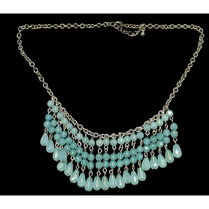 Bohemian Fringe Aqua Beaded Bib Necklace With Antiqued Gold Chain