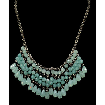 Bohemian Fringe Aqua Beaded Bib Necklace With Antiqued Gold Chain