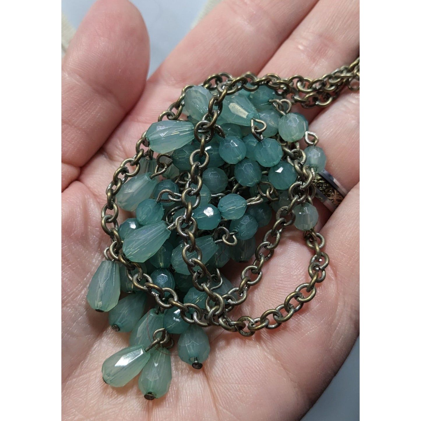Bohemian Fringe Aqua Beaded Bib Necklace With Antiqued Gold Chain