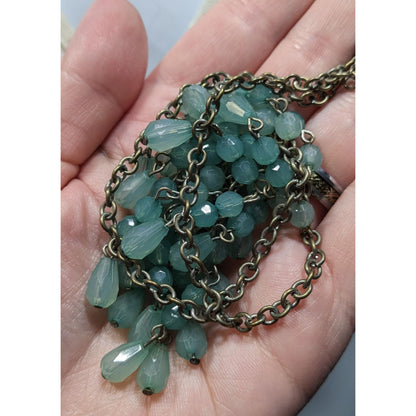 Bohemian Fringe Aqua Beaded Bib Necklace With Antiqued Gold Chain