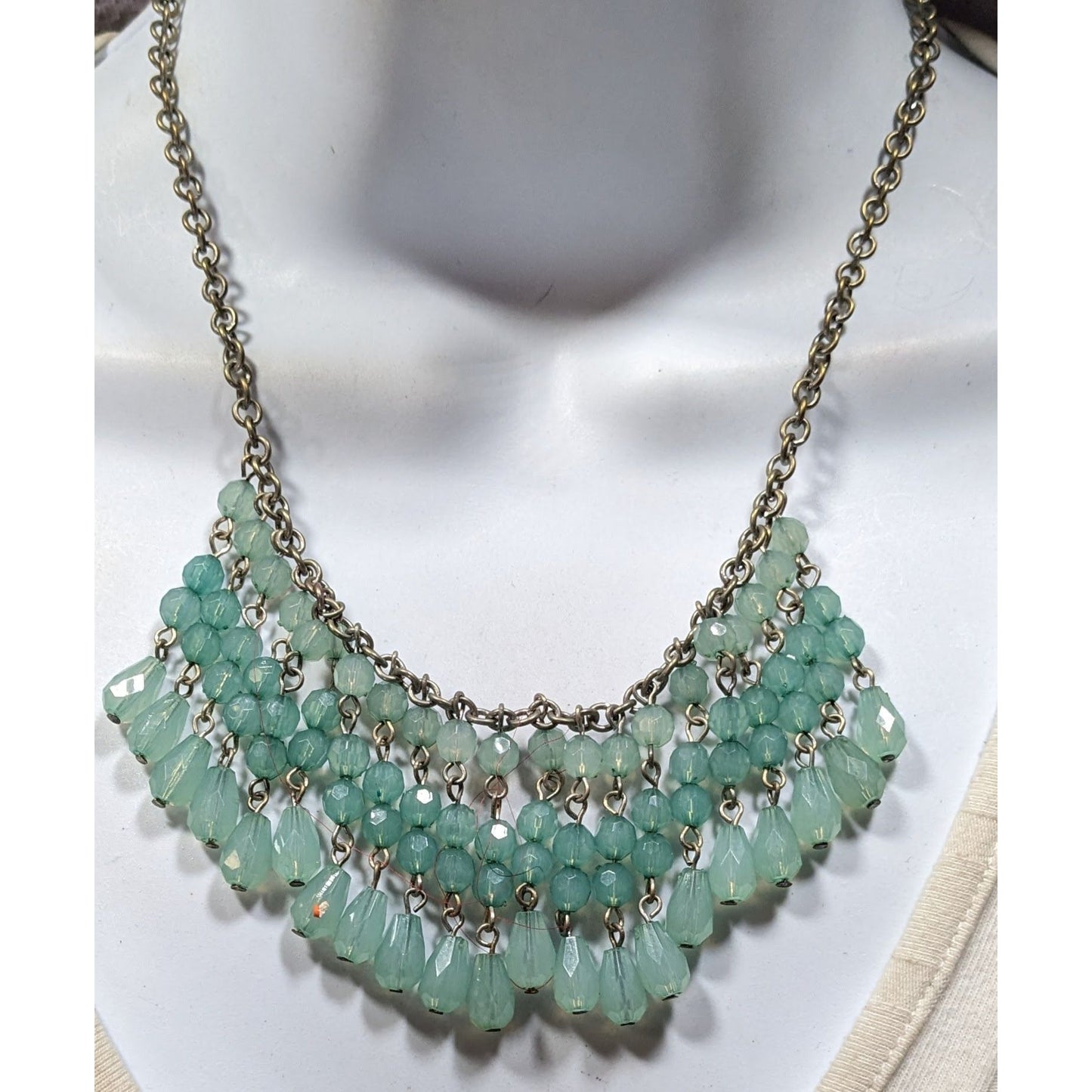 Bohemian Fringe Aqua Beaded Bib Necklace With Antiqued Gold Chain