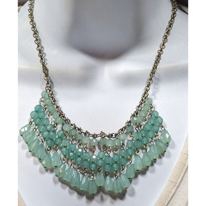 Bohemian Fringe Aqua Beaded Bib Necklace With Antiqued Gold Chain