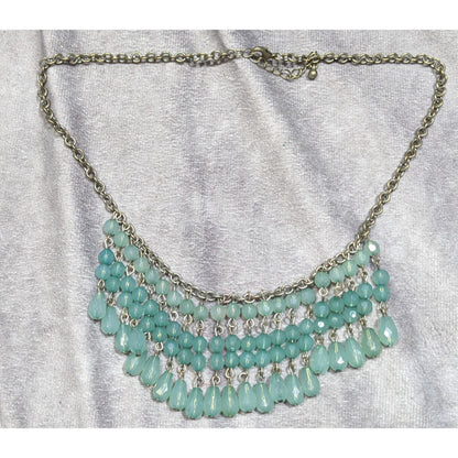 Bohemian Fringe Aqua Beaded Bib Necklace With Antiqued Gold Chain