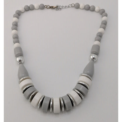 Vintage Mod Grey White And Silver Tone Beaded Necklace