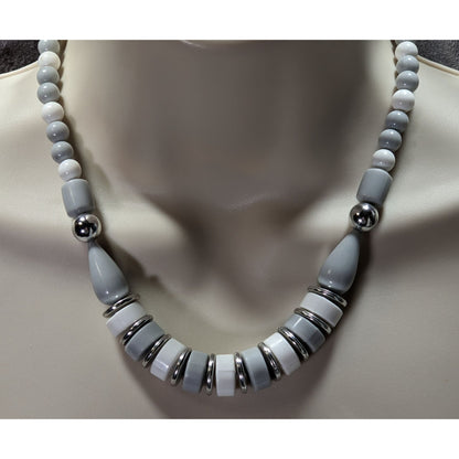 Vintage Mod Grey White And Silver Tone Beaded Necklace