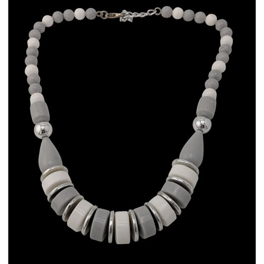 Vintage Mod Grey White And Silver Tone Beaded Necklace