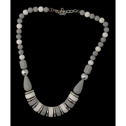 Vintage Mod Grey White And Silver Tone Beaded Necklace