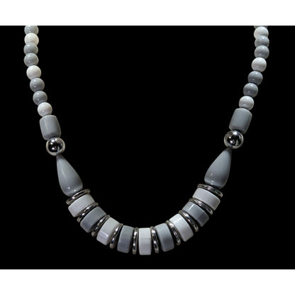 Vintage Mod Grey White And Silver Tone Beaded Necklace
