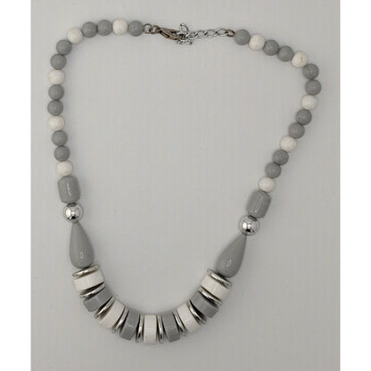 Vintage Mod Grey White And Silver Tone Beaded Necklace
