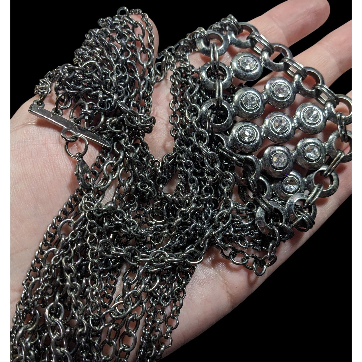 Glam Goth Metal Layered Chain Necklace With Rhinestone Accents