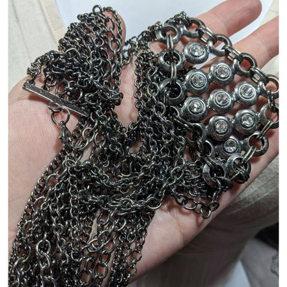 Glam Goth Metal Layered Chain Necklace With Rhinestone Accents