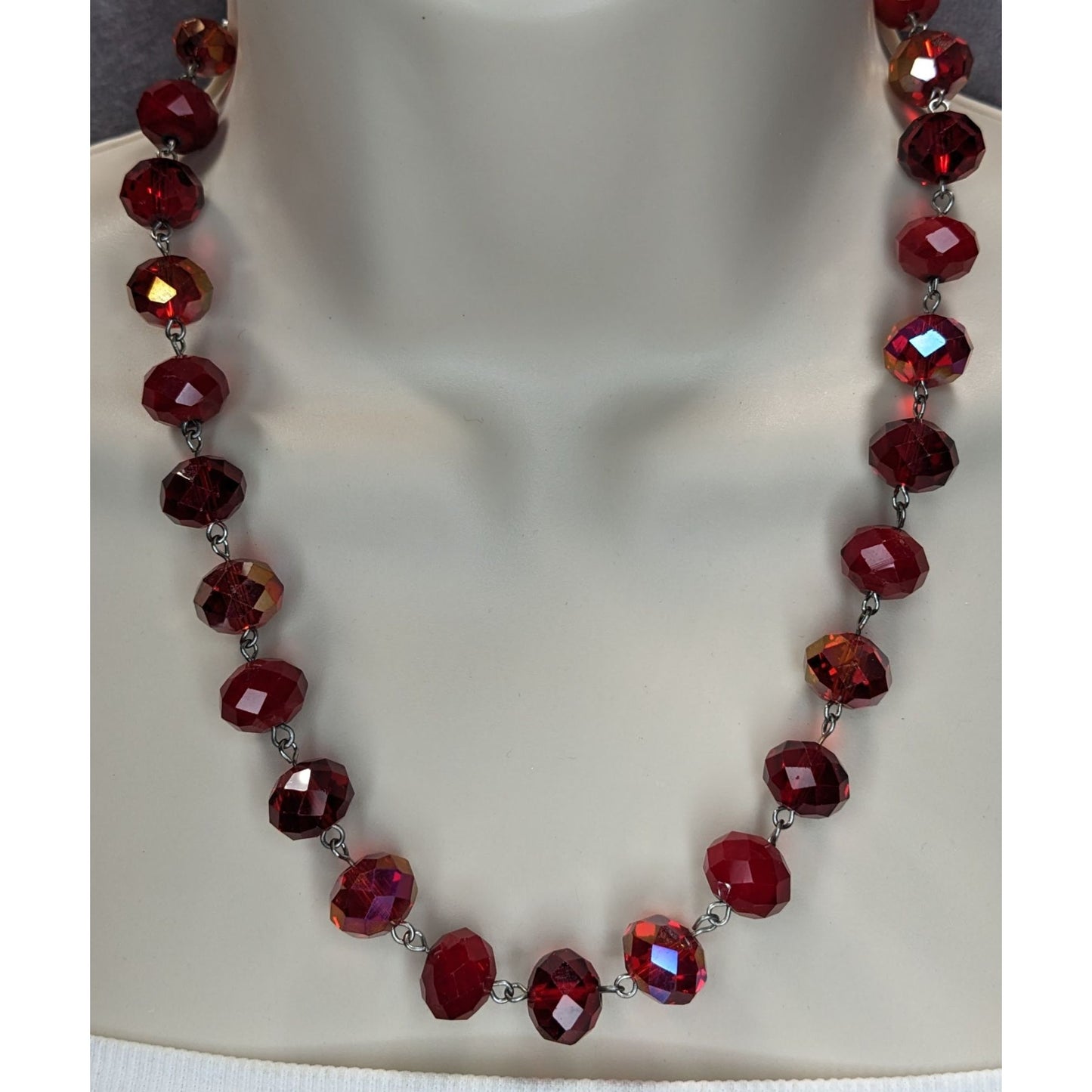 Vintage Art Deco Czech Glass Goth Glam Ruby Red AB Faceted Beaded Necklace Statement Y2K