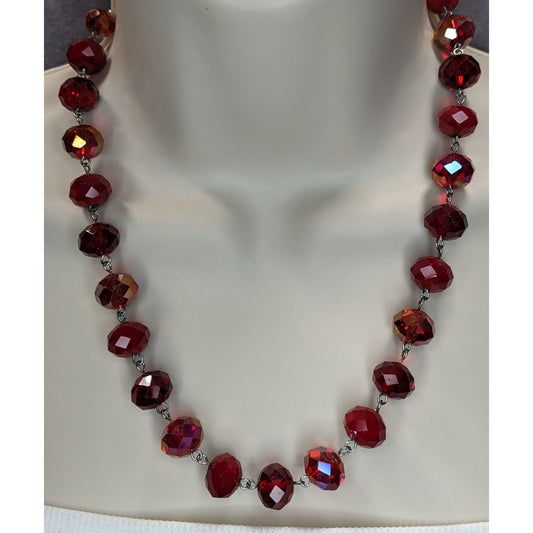 Vintage Art Deco Czech Glass Goth Glam Ruby Red AB Faceted Beaded Necklace Statement Y2K