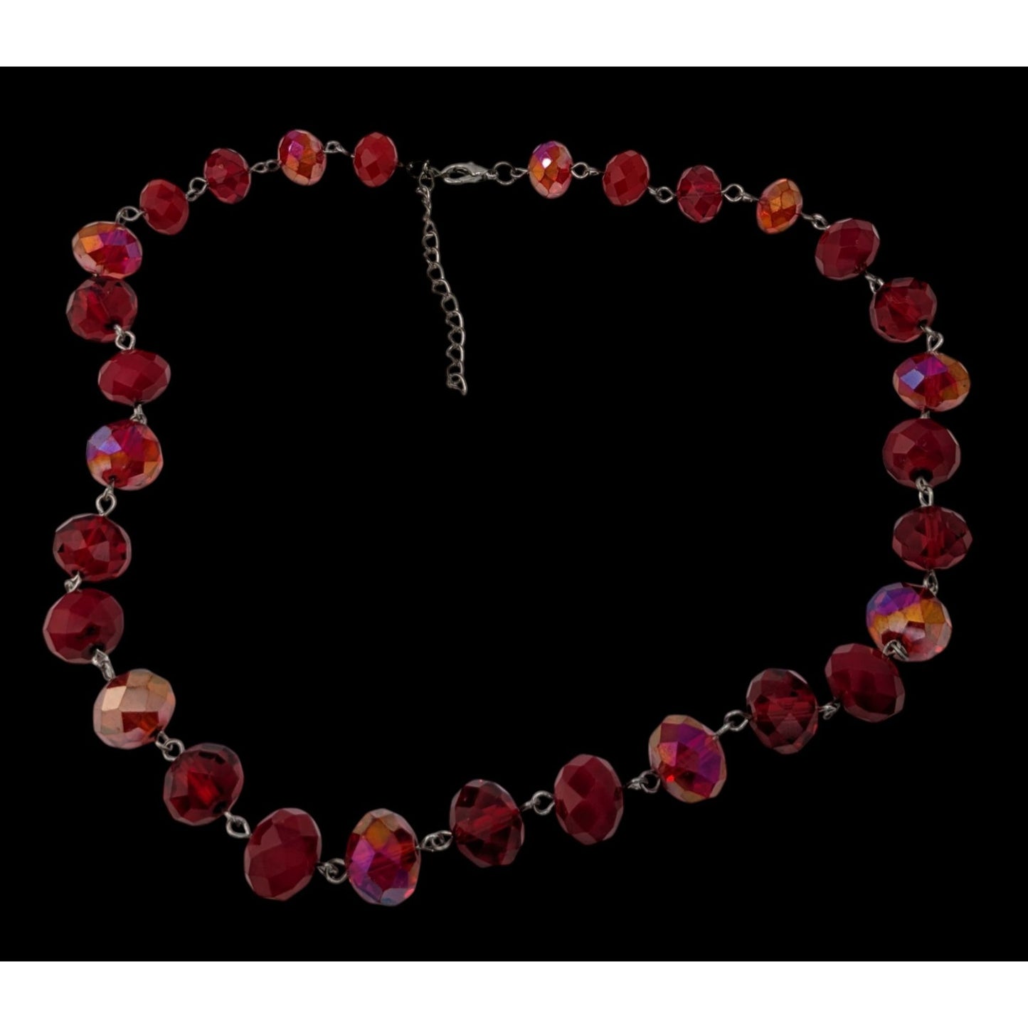 Vintage Art Deco Czech Glass Goth Glam Ruby Red AB Faceted Beaded Necklace Statement Y2K