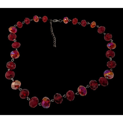 Vintage Art Deco Czech Glass Goth Glam Ruby Red AB Faceted Beaded Necklace Statement Y2K