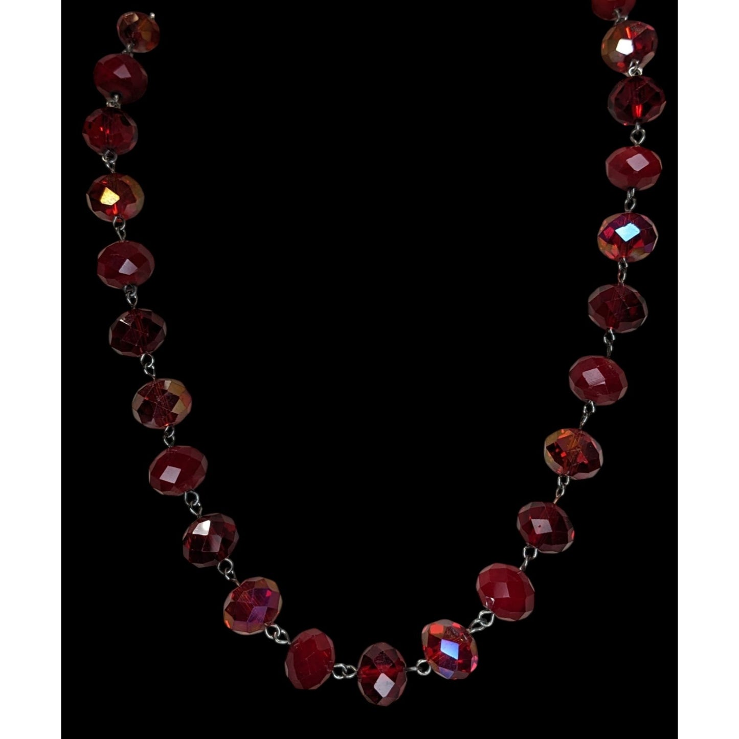 Vintage Art Deco Czech Glass Goth Glam Ruby Red AB Faceted Beaded Necklace Statement Y2K