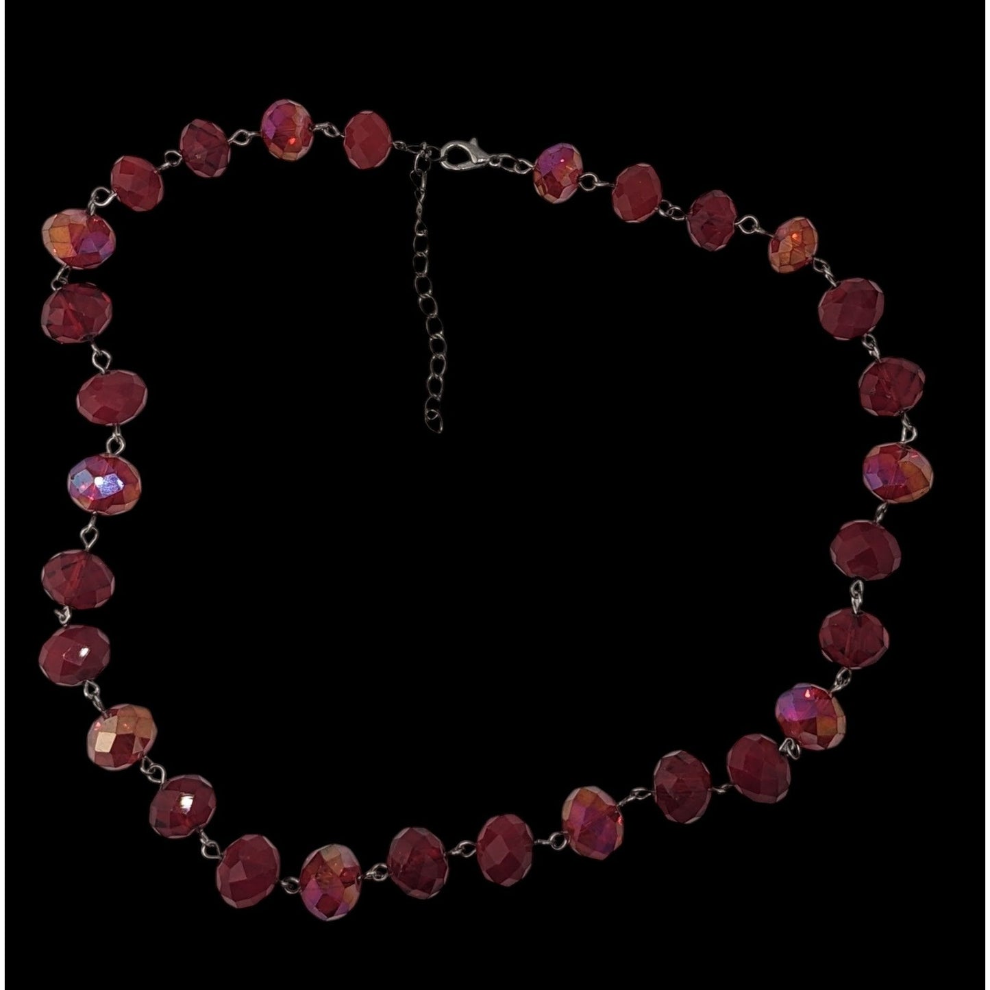 Vintage Art Deco Czech Glass Goth Glam Ruby Red AB Faceted Beaded Necklace Statement Y2K