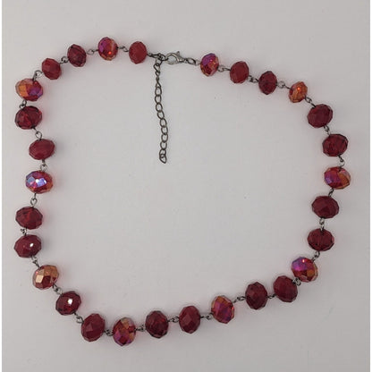 Vintage Art Deco Czech Glass Goth Glam Ruby Red AB Faceted Beaded Necklace Statement Y2K