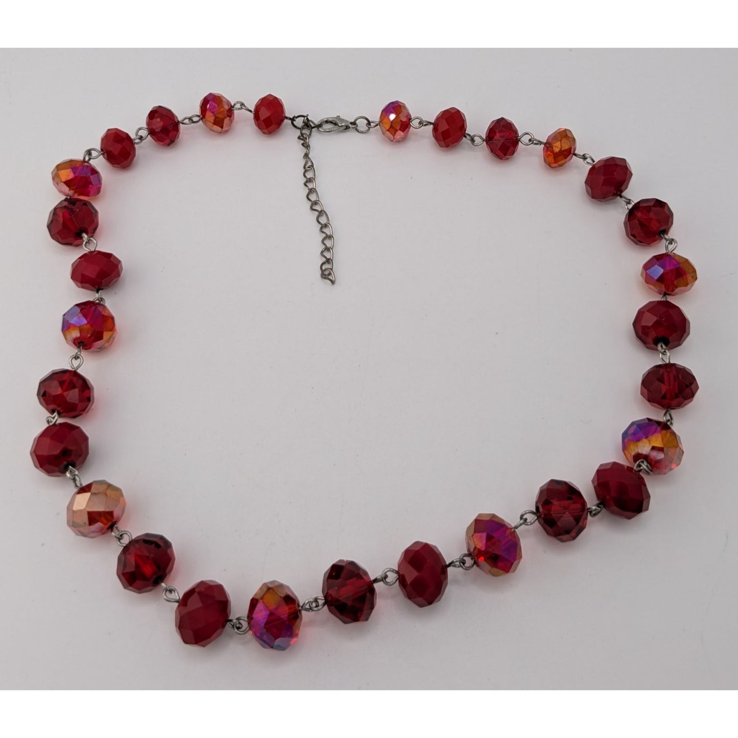 Vintage Art Deco Czech Glass Goth Glam Ruby Red AB Faceted Beaded Necklace Statement Y2K