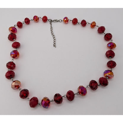Vintage Art Deco Czech Glass Goth Glam Ruby Red AB Faceted Beaded Necklace Statement Y2K
