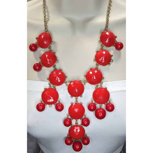 Y2K Glam Red Bubble Bib Statement Necklace Faceted Bead Dangle Jewelry
