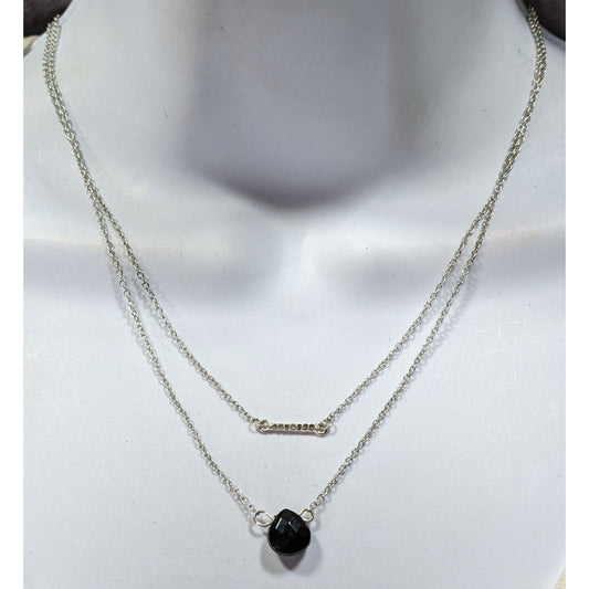 Layered Gothic Black Teardrop And Rhinestone Bar Silver Tone Necklace