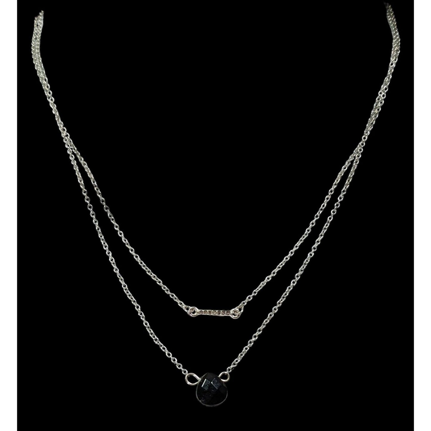 Layered Gothic Black Teardrop And Rhinestone Bar Silver Tone Necklace