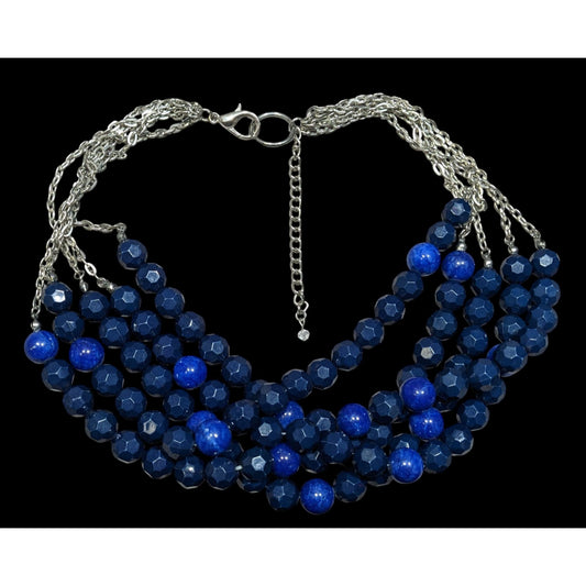 Layered Chunky Blue Beaded Statement Necklace On Silver Tone Chain